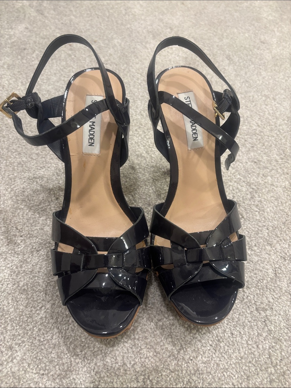 Steve Madden Black Patent Bow-Strap Heeled Sandals